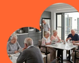Cuisine équipée Coqys en résidence seniors, résidents prenant un café ensemble