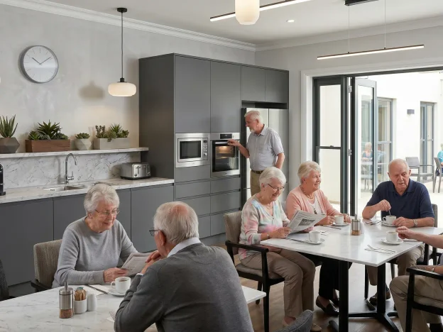 Cuisine équipée Coqys en résidence seniors, résidents prenant un café ensemble